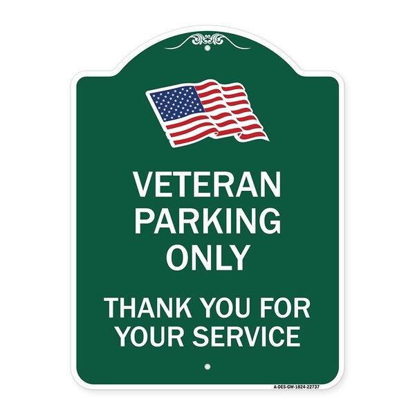 Veteran Parking Thank You for Your Service, Green & White Aluminum Sign, 18" x 24", GW-1824-22737